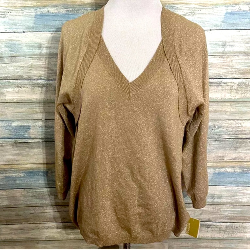 NWT Michael Kors Sweater V Neck Faux Shrug Gold Sparkle / Dark Camel